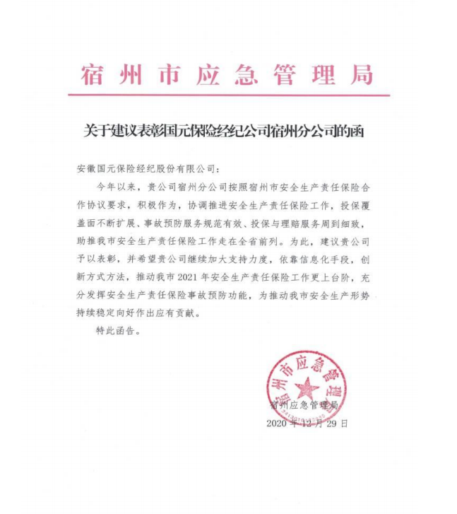 宿州市應(yīng)急局對(duì)我司的表彰函